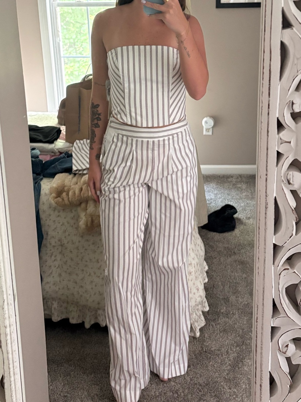 Parker Pinstriped Strapless Cotton Top and Wide Leg Pants Set